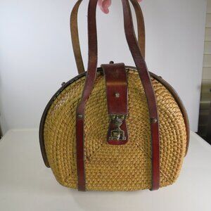 Vintage Wicker Basket Purse Bag with Leather Straps and Unique Clasp